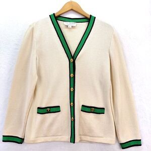 St John Collection Marie Gray Cardigan Sweater Sz 6 Cream Green Trim Gold Button
